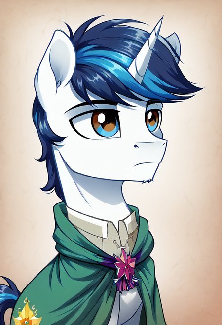 masterpiece, score_9_up, score_8_up, score_7_up, score_6_up, (best quality:1.1), ultra-detailed, high resolution, 1character, Pony, pony Equestria,pegas, mlp, man, feral, white skin, full black tail, white-black mane, single horn, ears, closed mouth, detailed facial features, expressiveh, Equestria background, highly visible, sharp focus, anatomically correct, Equestria at War, Portrait of the leader, looking at the camera, green cloak