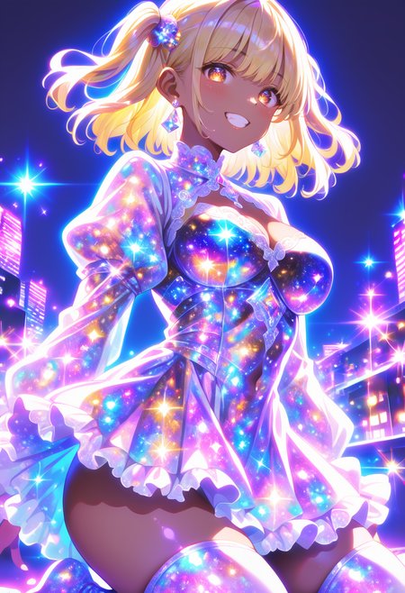 score_9, score_8_up, score_7_up, source_anime, masterpiece, best quality, perfect anatomy, very aesthetic, ((outlined outlined vector graphics)),no norm,
, cute face, (glow eyes:0.8), 1girl,   outdoors wind, city,
20yo, (large breast:1.2), orange eyes, (blonde hair:1.3),long hair, (two side up:1.1), (dark skin:1.6), dark skin girl, (tall:1.2), (abs:0.7),bangs, ,solo, glittering, glowing, simple background,   pov ,  looking at viewer , grin, __nomal_mouth__,
, looking at viewer, blush, short hair, bangs, thighhighs, long sleeves, dress, jewelry, medium breasts, cowboy shot, earrings, puffy sleeves, colorful, colorful milkyway outfit, happy, milkyway outfit,,milkyway hair, milkyway eyes , blue  dress,   kneeling ,  ,  ,  <lora:milkyway-outfit-01:1.0>