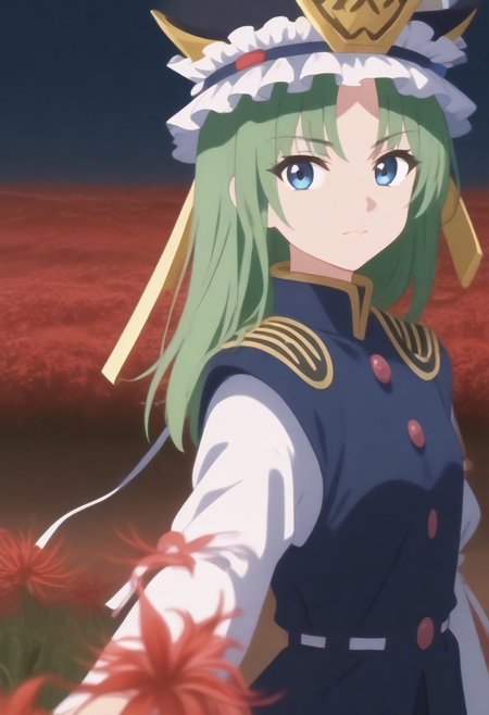 1girl, solo, solo focus, highres, absurdres, shikieiki, 
looking at viewer, head tilt, from side, 
red spider lily, flower field, night sky, red sky, dark, red theme,