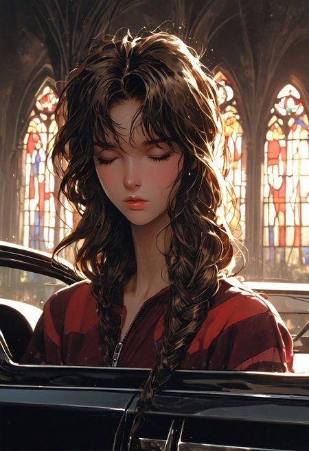The woman's head is in profile, with her eyes closed and her lips slightly parted. masterpiece, retro style, art by Sergio Lopez , Natalie Shau, James Jean and Salvador Dali, Bright headlights of a car cutting through the daylight of a rural road, creating a sense of tension., A cathedral with stained-glass windows, long rows of pebbles, and sunlight streaming through the windows., True rendering, Studio-grade,  Detailed shading, Enhanced, zPDXLpg, detailxl, zPDXLrl, ZIP2D, zPDXL,  <lora:Fant5yP0ny:0.6> <lora:Pony_DetailV2.0:1>