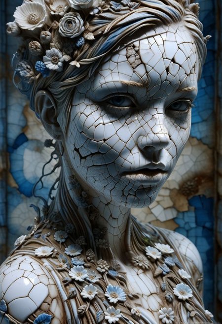 Close-up porcelain face, mysterious silhouette of a porcelain woman in worn down porcelain clothing, white and blue porcelain, alluring goddess, by Minjae Lee, Carne Griffiths, Emily Kell, Steve McCurry, Geoffroy Thoorens, Aaron Horkey, Jordan Grimmer, Greg Rutkowski, amazing depth, double exposure, surreal, geometric patterns, intricately detailed, bokeh,  perfect balanced, deep fine borders, artistic photorealism , smooth,  great masterwork by Suiras  <lora:add-detail-xl:2>  <lora:Double_Exposure:0.5>