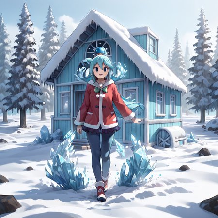 best quality, highres, high resolution, score_9, score_8_up, score_7_up, score_6_up, score_5_up, score_4_up, 1 female, aqua is wearing Santa outfit, her outfit is made of snow crystals,  (Aqua_(Konosuba):1), fr0stwrld, snow, ice, <lora:Fr0stWrld-v10:1.2> , <lora:Aqua Pony:1> ,full body, front yard of a house in snow forest, snow background, standing , anime pose, trickster face
