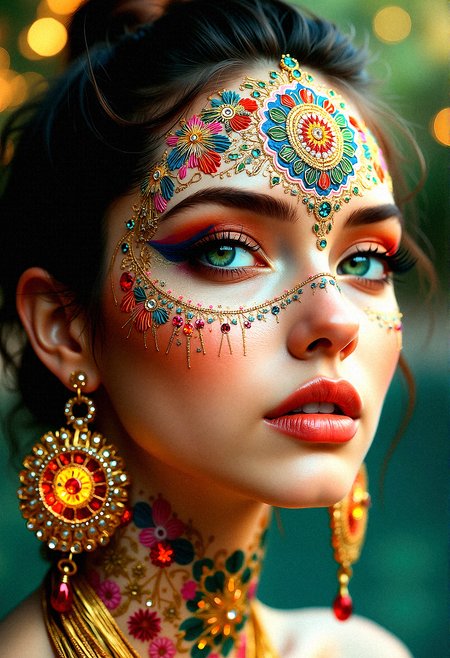 Imagine a surreal close-up of a woman whose face is an elaborate canvas of vivid colors and intricate patterns. At the center of her forehead is a large mandala, woven with floral motifs and encrusted with multicolored gemstones that shine softly under the lights. Her eyes, a deep green, are accentuated with bold makeup that mirrors the colors of the mandala, blending harmoniously with the facial art extending across her cheeks and neck. Her lips are a lustrous copper shade, providing a warm, earthy contrast. She wears large earrings that match the mandala’s pattern, filled with details and sparkling gemstones. The background is a blurred bokeh of golden and teal lights, enhancing the photorealistic detail of the facial art and capturing the ethereal aura of the scene. The close-up captures every fine element—from the glow of the gemstones to the shadows within the patterns—creating a captivating visual that feels both magical and tangible.

With her face turned slightly to the right, the mandala catching the light, as her green eyes gaze thoughtfully into the distance.

