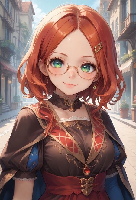 score_9, score_8_up, score_7_up, score_6_up, source_anime, best quality, masterpiece, ultradetailed, ultrahires, 1girl, solo, leodv, short intricate hair,  parted bangs, perfect eyes, glasses, brown dress, short puffy sleeves, red skirt, blue gloves, elbow gloves, blue thighhighs, big breasts, looking at you, cape, smile, blue sky, victorian architecture, town, smile, upper body, Mycelia, rainbow colored hair, candy hairclip, round glasses, green eyes, freckles, petite, striking visuals, vivid color, wadufuk1