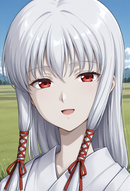 kuon_mio, red eyes, white hair, long hair, hair ribbon, tress ribbon, pale skin, albino, japanese clothes, white kimono, <lora:kuon_mio_illustrious_ver1:0.8> 
smile,, masterpiece, best quality, very aesthetic, absurdres,, general,, 1girl, solo, blue sky, (grasslands:1.2), looking at viewer,, (upper body:1.2), (close-up:1.2), (facing viewer:1.2), (open eyes:1.4), (portrait:1.2)