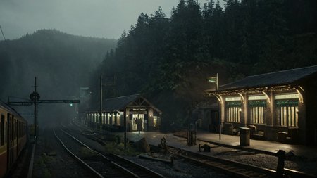 cinematic film still of <lora:add-detail-xl:0.1>1
<lora:detailed:0.3> realism
<lora:perfection style:0.2> perfect
<lora:eyetune:0.6>
<lora:xl_more_art-full_v1:0.3>
<lora:Ron Fricke style:0.3>
<lora:Unreal Engine style:0.3>
<lora:TeethXL:0.3>
<lora:Chiaroscuro Lighting Style:0.3> Chiaroscuro Lighting Style
 <lora:Alan Wake horror story style:1>
 <lora:horror movie style:0.3>
Set in "Bright Falls" town a small Pacific Northwestern town, a different unique picture of a subway station with a train coming out of the tunnel, horror movie themed, sharp, detailed, epic photography, artistic style, dramatic light, cinematic style, film style, creative style, horror story style, outdoors, day, no humans, scenery, train station, railroad tracks, road, train
, shallow depth of field, vignette, highly detailed, high budget, bokeh, cinemascope, moody, epic, gorgeous, film grain, grainy