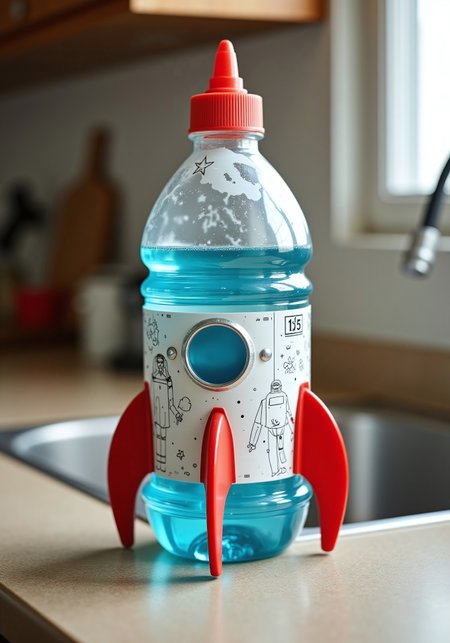 aidmaimageupgrader, a high quality digital image of a toy rocketship made out of a dishwashing liquid bottle, the bottle rocketship is on a kitchen counter next to a sink, it has some pen drawings on it to make it look more like a rocketship