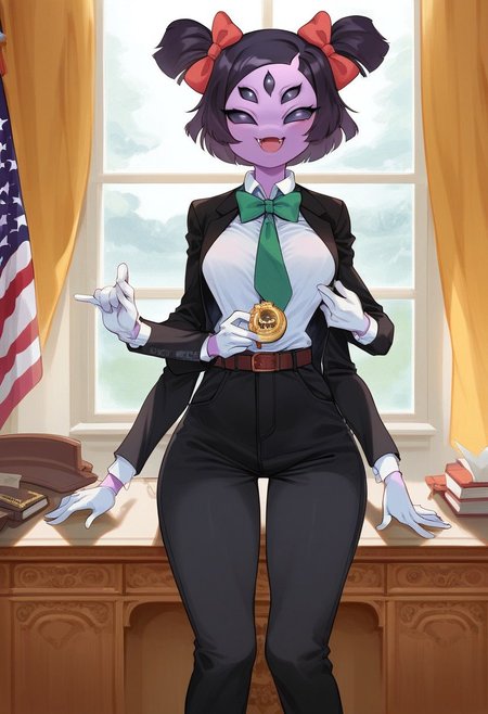 score_9, score_8_up, score_7_up, source_cartoon, show accurate, 1girl, sexy girl, solo, muffet (undertale), best quality, solo, anthro, ((six arms)), lavender skin, five eyes, twin pigtails, white fangs, red ribbons, white gloves, thick clothing, black coat, black jacket, closed coat, buttoned coat, closed jacket, green necktie, white collar, buttoned shirt, white buttoned shirt, white shirt, flag pin, button badge, belt, trousers, black trousers, portrait, close up, holding medal, formal pose, face focus, half body, oval_office, resolute_desk, desk, seal of the president of the United States, curtains, window, flag, american flag, painting (object), (wide_hips), thick thighs, bubble_butt