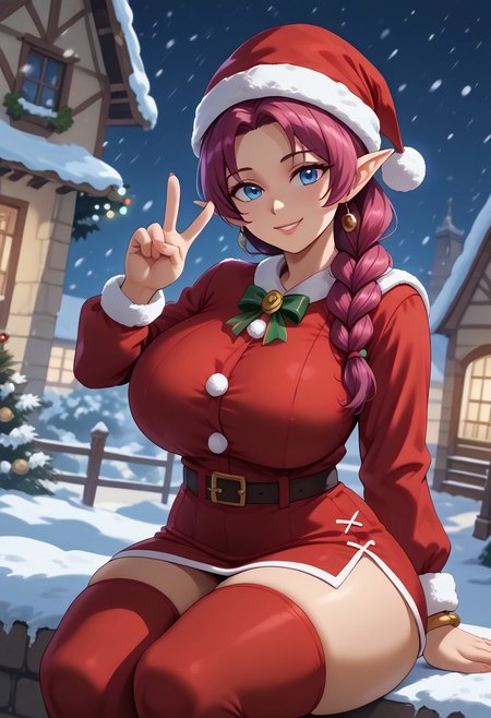 score_9, score_8_up, score_7_up, (best quality:1.1), ultra-detailed, high resolution, 8k, female, (big ass, front view), Merlina, magenta hair, braid, blue eyes, smile, peace sign, pointy ears jewelry, red Christmas dress, Santa hat, red skirt, belt, stockings, red thighhighs, long sleeve, fur bracelets, snowing, sitting, seductive, solo, ((huge breasts, voluptuous, thick thighs, skinny, petite, curvy, busty, high quality, masterpiece, wide hips)), (((dutch angle, sexy tease, sexy pose, stylish pose))) BREAK outside, Rich, Detailed background, ambient light