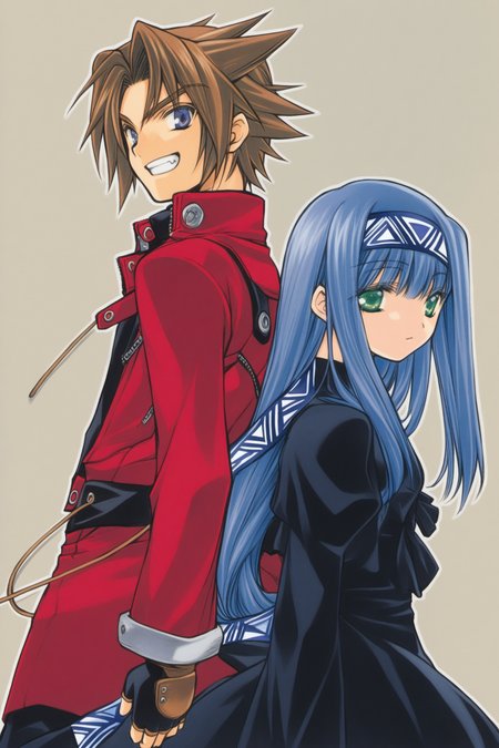 1girl,Reverie Metherlence,1boy,Coud Van Giruet,green eyes,blue hair,gloves,blue eyes,long hair,brown hair,cord,dress,fingerless gloves,hairband,smile,spiked hair,grin,colored_pencil_(medium),back-to-back,<lora:Azuma Mayumi_XL:0.8>,