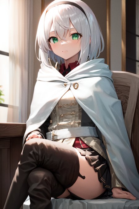 masterpiece, best quality, highres, 1girl amnesia green eyes short hair, white cape black skirt pleated skirt white jacket red shirt garter straps black thighhighs thigh boots <lora:amnesia:1> sitting on chair, crossed legs