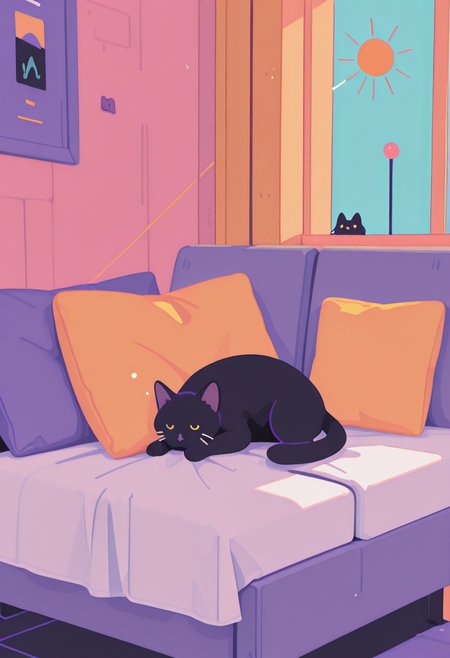masterpiece, best quality, amazing quality, very aesthetic, absurdres, newest,
realistic black cat, realistic, cat sleeping on a furry white pillow, fur covers pillow, pastel color tonemapping, sunbeam shinning on cat, sun ray, cute, calm vibes. flat colors, lineless,
 <lora:Flatline_-_Illus_x_Niji_checkpoint-e18_s306:0.6> <lora:NJ_Vector_Style:0.6> <lora:g00se_v2_ill:1>