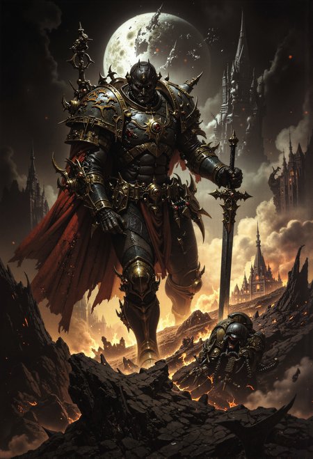 analog film photo . Frank Frazetta fantasy oil painting (art by Zdzislaw Beksinski:2), a hero with giant sword is facing the ultimate evil enemy, burning city. grimdark, mythp0rt, FredFraiStyle <lora:- Flux1 - vanta_black_V1.0.safetensors:0.5>,  <lora:FluxMythP0rtr4itStyle.safetensors:0.76>,  <lora:FredFraiStyle-FLUX-Share.safetensors:0.75>,  <lora:Warhammer_Rogue_Trader_Style_flux-000021.safetensors:0.5>,  <lora:ARTifacts.safetensors:0.5>,  <lora:Movie_Portrait.safetensors:0.5>,  <lora:m100-style_v.02.safetensors:0.25>,  <lora:frazetta_flux_v2-000150.safetensors:0.5>,   . faded film, desaturated, 35mm photo, grainy, vignette, vintage, Kodachrome, Lomography, stained, highly detailed, found footage