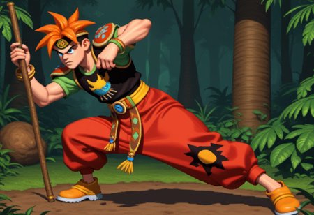 terranigmark, score_9, score_8_up, score_7_up, score_6_up, score_5_up, score_4_up,, dkcstyle,, pixel art,, spiky orange hair, pauldrons with faces, (((jeweled headband))), print shirt, green sleeves, bracelets, belt with dangling straps, red baggy pants, shoes, holding bo staff, action pose, jungle background