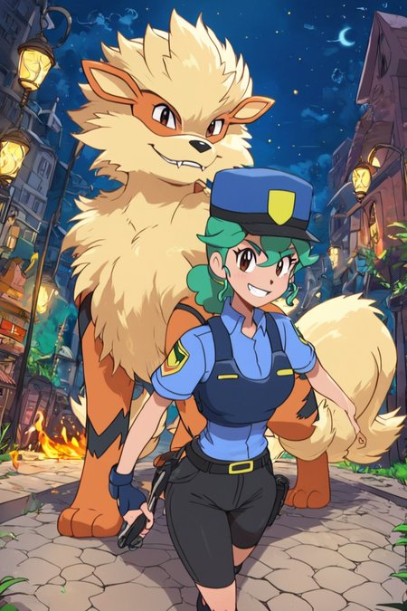 score_9, score_8_up, score_8, medium breasts, (curvy), cute, eyelashes,      ,,,  zzJenny, brown eyes, hair between eyes, green hair, long hair, ponytail, short hair, police uniform, policewoman, shirt, police hat, blue shirt, collared shirt, black pants, arcanine, fiery mane, dog, loyal companion, standing together, protective pose, fierce expression, uniform details, canine hero, action pose, city background, police station, street lights, night scene, dramatic lighting, teamwork  <lora:JennySunMoonPDXL:1.0>,   zzArcanine, <lora:Arcanine_Pokemon_PDXL:0.8>,  ,,, smile, looking at viewer,  ,,, embedding:zPDXL, Expressiveh, <lora:SDXLFaeTastic2400:0.5>,  <lora:Expressive_H-000001:0.4>,