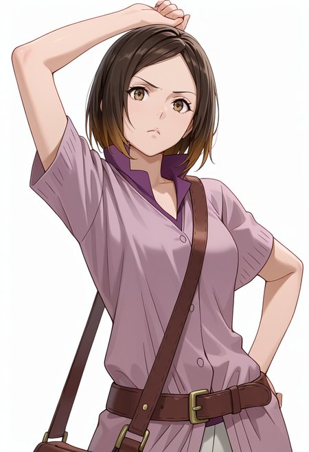 Smooth Quality,masterpiece,very intricate, high quality details, ultra realistic, high detailed skin,detailed enviorement,absurdres,
simple background, white background,solo,
stretching, one arm raised, other on hip, slight side bend, relaxed body,  ,front view,frown,
 <lora:Kirara_Mizutani_cnn:0.8> 1girl, short hair, brown hair, multicolored hair, two-tone hair, brown eyes, at viewer, upper body,shirt, short sleeves, collared shirt, coat, pants, purple shirt,brown belt, shoulder bag,