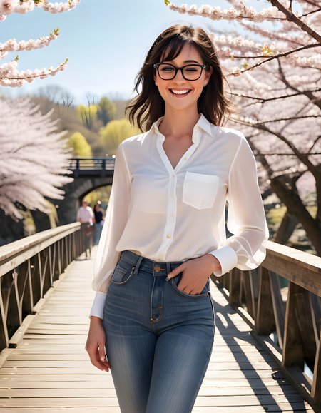 In a vibrant, sun-drenched park filled with blooming cherry blossoms and children's laughter, EMM4S, a woman of striking beauty with black hair cascading down her shoulders, stands against the backdrop of a quaint wooden bridge. She wears a classic white blouse, sleeves rolled up to reveal her slender arms, paired with a pair of well-tailored dark jeans that perfectly accentuate her figure. Her glasses, a stylish frame of gold and tortoiseshell, rest on the bridge of her nose as she gazes directly at the viewer with a radiant smile revealing perfectly aligned teeth. The warm sunlight creates an ethereal glow around her, highlighting the subtle details of her features, from the freckles dusting her nose to the delicate lines around her eyes. Behind her, the river gently flows beneath the bridge, and the cherry blossoms dance in the gentle breeze, creating a serene and peaceful atmosphere that perfectly encapsulates EMM4S's playful yet thoughtful demeanor.
