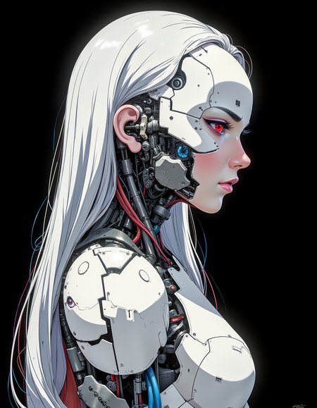 cyborgheadv1 a side view of a woman with long white hair and a robot suit with red eyes and a white head and body, black background, cybernetic, cyberpunk art, retrofuturism, Aleksi Briclot  <lora:cyborgheadv1:0.8>  <lora:CPA:0.6>