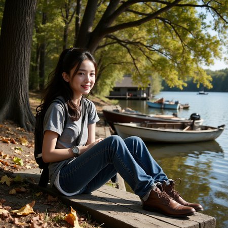 profession photograph  still a gorgeous, teenager sitting on a bench on a dock next to a lake,  t-shirt and jeans, leather shoe, cute teenager smiles, pony hair,  under the shade of a old giant tree, falling autumn leaf.  rustic old house, broken windows, broken boats,  reflects from the lake water,  detail attention to the eye and face, gorgeous.
 <lora:fluxenhancer:1>  <lora:Gulnazar_Flux_rank16_bf16:1>
