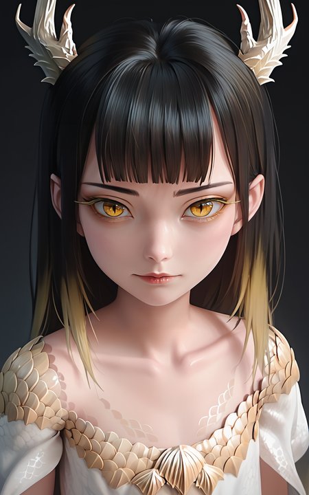 score_9,score_8_up,score_7_up,
<lora:drzhiguiPony3:1>,dragongirl,solo,scale,1girl,black hair,yellow eyes,horns,fish scale,antlers,looking at viewer,upper body,long hair,bangs,pale skin,lips,closed mouth,blunt bangs,collarbone,dragon horns,Child,Gradient hair color,dark background,(child:1.3),petite,chibi,kawaii,round face,