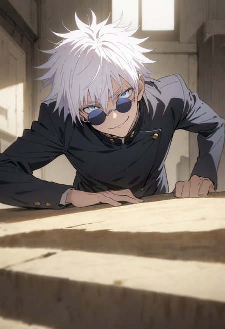 score_9, score_8_up, score_7_up, score_6_up, masterpiece, best quality, absurdres, cinematic, perfect composition, solo, 1boy, gojou satoru, blue eyes, white hair, round sunglasses, jacket, black jacket, gakuran, school uniform, high collar, smirk, standing, looking at viewer,