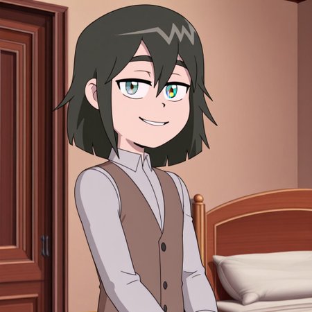 SlimeBoy, medium hair,grey eyes,vest outfit,1boy, bedroom, looking at viewer, smile,