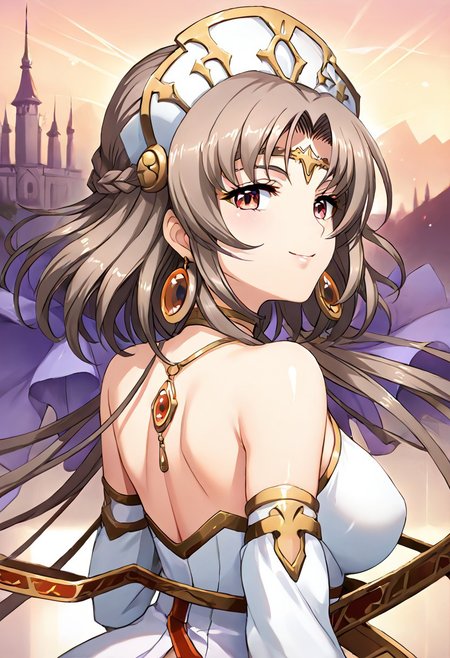 score_9, score_8_up, score_7_up, detailed, intricate details, chromatic aberration, realistic, veins source_anime, , (best quality) , (highly detailed) ,((masterpiece)), ((best quality)), (ultra-detailed), ((extremely detailed)), (high resolution), 4K, (8K), best quality, (beautiful), (dynamic lighting), (super detailed skin), sharp focus, (1_girl, solo focus), score_9,score_8_up,score_7_up,anime coloring BREAK source_anime,anime, shiny skin, <lora:yuria_p_v1.5:1>,yulia,y_clothes,Headdress,red eyes,brown hair,long hair,very long hair,jewelry,detached sleeves,dress,earrings,bare shoulders,collarbone, <lora:Fixhands_anime_bdsqlsz_V1:1>,upper_body,profile,smile,looking_at_viewer,castle,from behind
detailed eyes、detailed face and detailed skin <lora:add-detail-xl:1.0>