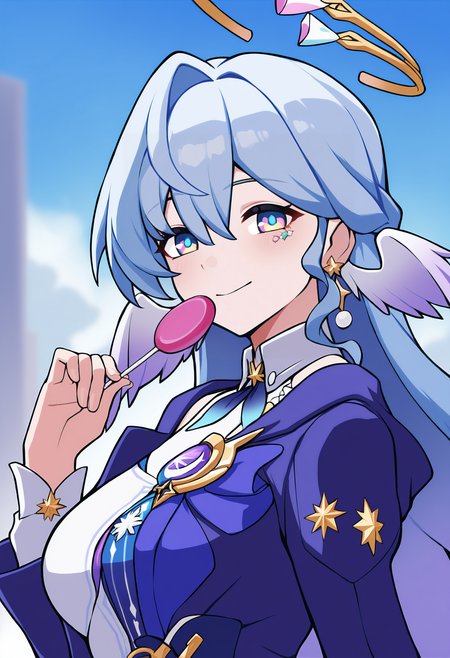 masterpiece, best quality,,detailed_background,outdoors,pnd6hs,shirt,holding lollipop,blue jacket,upper body,honkai: star rail,robin \(honkai: star rail\),looking at viewer,hair between eyes,wings,holding candy,white shirt,head wings,food,smile,jacket,holding,star \(symbol\),blue hair,lollipop,long hair,1girl,holding food,halo,candy,collared shirt,honkai \(series\),blush,solo