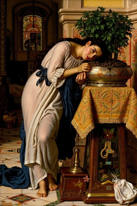 williamhhunt1 painting. 
A young woman with long, dark hair stands barefoot on a tiled floor. She wears a flowing white long-sleeved gown with a blue sash at the waist. She rests her head on a potted plant. <lora:williamhhunt1_cap_d6a3e9:1.0><lora:838055889052335092:0>