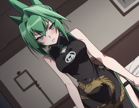 score_9, score_8_up, score_7_up, source_anime,
juntao, <lora:jun-tao-2021-s1-ponyxl-lora-nochekaiser:1>,
jun tao, green eyes, green hair, hair between eyes,
animal print, bear print, black dress, china dress, chinese clothes, dress, air, hip vent, panda print, side slit, sleeveless, sleeveless dress, thigh strap,
indoors, bed, bed room, on side, blush, drunk,
looking at viewer, cowboy shot, solo, dutch angle