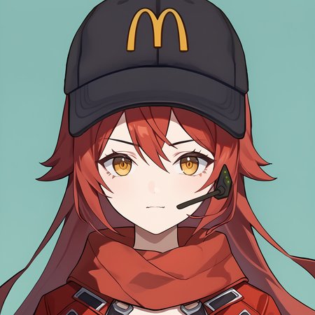 score_9, score_8_up, score_7_up, source_anime, 
BREAK
1girl, solo,
<lora:redhood-nikke-richy-v1_pdxl:0.8> nikkeredhood, red hair, long hair, yellow eyes, red scarf, crop jacket, red jacket, black shrug \(clothing\), 
 <lora:shimcdonaldV1:1>, meme, mchat, portrait, headset, upper body, simple background,