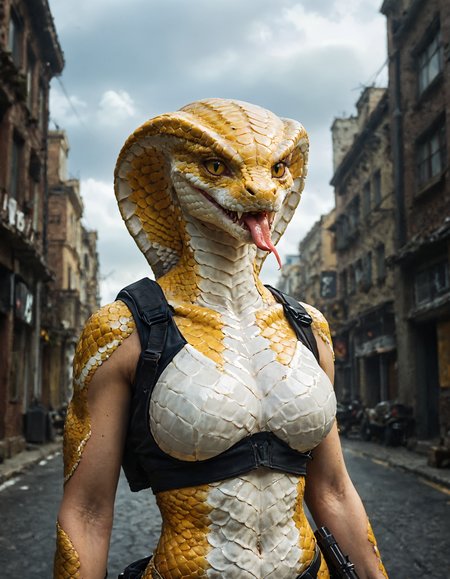 score_9, score_8_up, score_7_up, highly detailed, realistic, fine fabric detail, absurdres, highly-detailed, best quality, masterpiece, very aesthetic, 1girl, solo, v1p3r, monster girl, lamia, snake, scales, white scales, yellow sclera, slit pupils, cowboy shot, looking at viewer, city, vest, large breasts, military, science fiction, weapon, rifle, holding, grey sky, futuristic, scaly hands, claws, upper body, snake tongue, Ornate and Intricate, highly detailed, realistic, fine fabric detail, absurdres, highly-detailed, best quality, masterpiece, very aesthetic, 1girl, solo, v1p3r, monster girl, lamia, snake, scales, white scales, yellow sclera, slit pupils, cowboy shot, looking at viewer, city, vest, large breasts, military, science fiction, weapon, rifle, holding, grey sky, futuristic, scaly hands, claws, upper body, snake tongue, decorative, highly detailed, elaborate, ornate, intricate