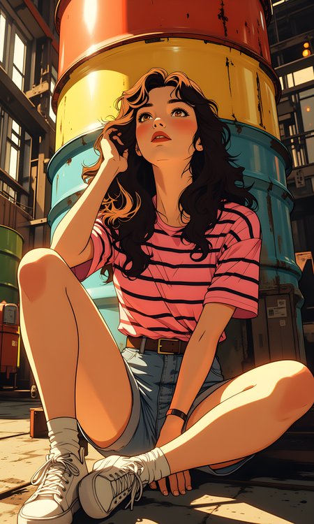 A woman with long, wavy brown hair. She has a relaxed and confident demeanor, sitting on the ground in a casual pose.
Her facial expression is serene and slightly contemplative. Her gaze is directed upwards, giving an air of thoughtfulness or daydreaming. The soft lighting enhances her features, adding to the overall calmness of the image.
She is seated cross-legged on the ground, leaning back against a large, colorful barrel. Her posture is relaxed, with one hand resting on the ground for support and the other arm bent at the elbow. Her legs are crossed, and her feet are adorned with white sneakers, which add a casual touch to her look.
She is wearing a pink and black striped t-shirt that fits loosely, paired with high-waisted denim shorts. The combination of the vibrant shirt and the classic denim shorts creates a stylish yet comfortable outfit. Her white sneakers complete the casual and youthful aesthetic.
The camera is positioned at a low angle, capturing the woman from a slightly upward perspective. This angle emphasizes her pose and the colorful barrel behind her, creating a dynamic composition. The framing focuses on her upper body and face, drawing attention to her expression and attire.
The lighting in the image is warm and directional, likely from a natural source such as sunlight filtering through windows or openings. The light casts soft shadows, highlighting the texture of her hair and clothing. The interplay of light and shadow adds depth and dimension to the scene, enhancing the overall mood.
The background features an industrial setting with various elements such as barrels, metal structures, and possibly machinery. The large, colorful barrel behind the woman stands out, with its bright yellow, blue, and red sections adding a pop of color to the otherwise muted tones of the environment. The background is slightly blurred, keeping the focus on the subject while still providing context.
The composition is well-balanced, with the woman centered in the frame. The colorful barrel serves as a strong visual element, drawing the viewer's eye towards the subject. The industrial background adds an interesting contrast to her casual and relaxed pose, creating a unique and engaging image. The overall composition captures a moment of quiet confidence in an unconventional setting.
BREAK anime, d13s3lp2nk, bboil artist style, OBdonman, Anime art, <lora:FLUX\Anime Art V3:0.2>, <lora:FLUX\Synesthesia:0.2>, <lora:FLUX\RetroAnimeS1.1:0.5>, <lora:FLUX\Flux-jijia:0.1>, <lora:FLUX\It's a LoRA for portraits, BUT! actually specialized in backgrounds. v1.0:0.1>, <lora:FLUX\GLSHS:0.2>, <lora:FLUX\Dieselpunk Delight - s0_9 g4:0.4>, <lora:FLUX\OBdonman, anime0style portrait:0.1>