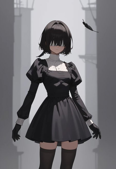 masterpiece, best quality, white blindfold, covered eyes, mole under mouth, clothing cutout, long sleeves, puffy sleeves, juliet sleeves, feather trim, black thighhighs, black gloves, black dress, black skirt,  <lora:Abbystea_Style_LoRA_XL:1>, abbystea style