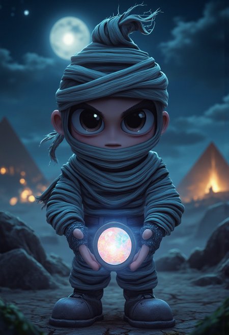 Cartoon Kid's art style, Mascot Caricature, Masterpiece, best quality, fantastic quality, Full-body shot of randomly picked cartoon illustration of the mummy wielding opal massive gem in hands, 1girl, semi-flashed-skeletonized, bandaged head, bandaged arm, bandaged head, bandaged legs, blured showcase of distanced pyramids in the night,, facing viewer, scarf, robe, skeleton, deep black evil eyes, black sclera, detailed face, detailed symmetrical black iris, black pupil, horror atmosphere, spooky, terrific, by Anno1313, dark cinematic night lighting, HD, HQ, AAA, Art Station Trending, deep dark cracked background, (((complete parts of eye are black:2)))