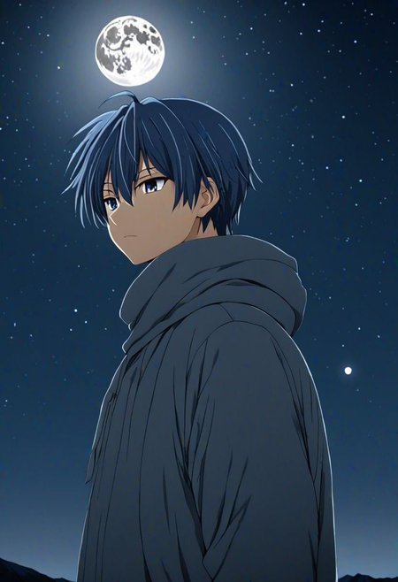 high resolution, solo, best quality, 1Boy, Tomoya Okazaki, Grey Blue Hair, open space, night sky, moon, OverallDetail