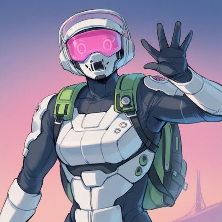 score_9, score_8_up, score_7_up, score_6_up, 1girl, on an airfield, futuristic astronaut, bulky body armor, hkstyle, full power armor, CHONK, large backpack, (open visor:1.4), (visible face:1.4), waving, neon green accessories, professional illustration, extreme detail, angular brush, iridescent, HRMN