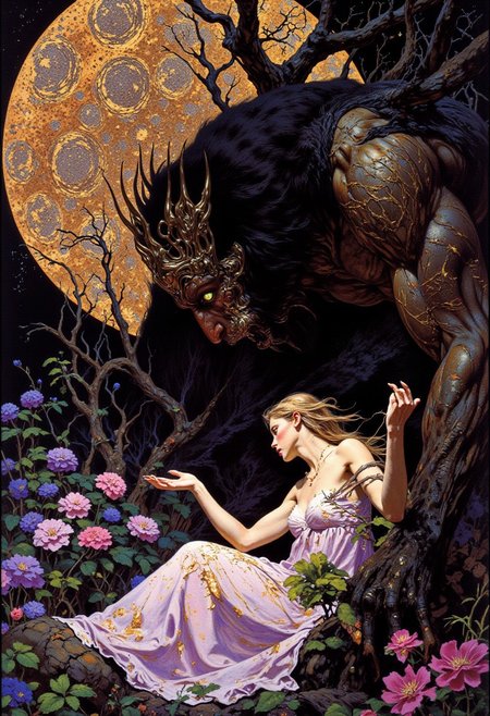 ((highly detailed oil painting:1.3) (inspired by ((Egon Schiele:1.3) (expressive distortions:1.3)) and ((Alphonse Mucha:1.3) (flowing elegance:1.3)))) A surreal, romantic scene of a terrified young woman and a grotesque demon beneath an enormous flowering tree glowing with ethereal light. The woman has pale porcelain skin, flowing rose-gold hair, and tear-filled green eyes. She wears a delicate flowing dress of pale lilac and soft gold silk, embroidered with floral patterns, its fragile fabric shimmering in the dreamlike glow. The demon is monstrous yet regal — its skin a polished onyx-black laced with glowing gold cracks, its horns curved like molten glass, shimmering faintly. Its deep amethyst eyes glow with hypnotic intensity. Tattered robes of iridescent violet and crimson silk wrap its muscular form like living shadows. Its clawed hand hovers near the woman’s face, radiating dark allure and control without contact. The environment is a surreal dream garden of massive bioluminescent flowers in pastel hues, falling petals glowing softly. The background sky is a gradient of rose-pink and twilight purple, with golden stars suspended unnaturally low. The atmosphere radiates twisted romance, tension, fear, and irresistible beauty — a hauntingly intimate moment in an enchanted, unnatural world.