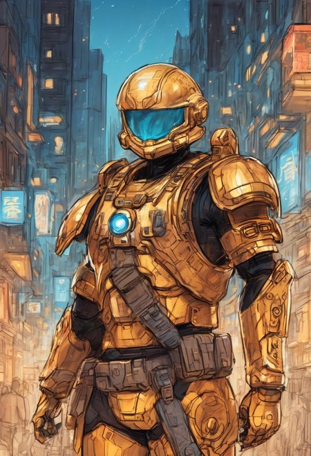 a illustration of a sketch art **** by Jeong Won An.This is a detailed,digital illustration of a young space policeman warrior of crime with a fair complexion and long,straight,dark brown hair he has large,expressive eyes with a warm amber hue, he is preparing for war
The background is a golden city,gold,black and blue,which create a sense of depth and movement. The overall style of the illustration is a blend of contemporary digital art with a hint of traditional sketch and a Japanese aesthetics,characterized by (detailed line work) and soft,gradient shading. The image has a dreamy,almost otherworldly quality,enhanced by the use of soft,pastel colors attire.concept,pencil and (watercolors),(de-saturated colors),jewoan,