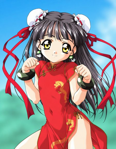masterpiece, best quality, good quality, <lora:Kounyan_Spiral_NAMI_IS:1>Kounyan, black hair, long hair, double bun, hair bun, bun cover, yellow eyes, ribbon, earrings, flat chest, green jewelry, 2000s \(style\),anime coloring,  short stack,
1girl, solo, chinese clothes, china dress, red dress, smile, paw pose,
bracelet, short hair, 
blue sky,