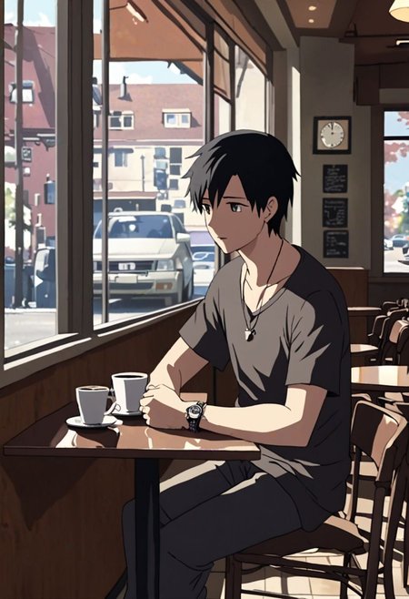 Highres, Masterpiece, High Quality, 4K, 8K, solo, 1Boy, Takaki Toono, adult, black hair, short hair,  cafe, corner cafe, room corner, corner room, hang out, tables, chairs, sofas, pillows, window views, comfortable, coffee cups, casual wear, small simple necklaces, bracelets, watches, easynegative, detailed_eye_model