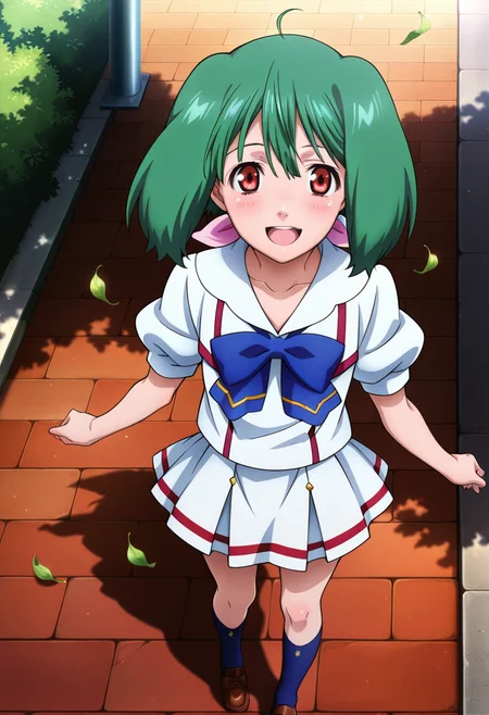 street, park, falling leaves, 
BREAK,
open smile,  
full body, dynamic angle, from above,
looking at viewer,
BREAK,
 <lora:rankaX_illustriousXL_v01:0.9>
ranka lee, rankamaria, green hair, red eyes, short hair, ahoge, 
collarbone, pleated skirt, school uniform, white skirt, puffy sleeves, short sleeves, blue ribbon, 
blue socks, loafers, source_anime, very aesthetic, anime coloring, masterpiece, 
best quality, amazing quality, ultra detailed, very aesthetic, 
detailed background, 
BREAK,
