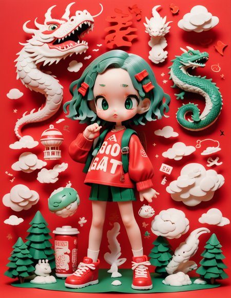 detailed dollp, plastic skin, detailed hair, smooth hair,
eastern dragon,chinese dragon,(solo:1.5),centered of dragon head,serpentine,majestic,pinetrees,paper lanterns,mountain,clouds,Spring Festival,Flat style,illustration,redbackground,high detail,high quality,completed
<lora:cutedoodle_XL-000012:1> 
<lora:dolly-merge-xl_v1:1.5>
<reference: https://civitai.com/images/4594597>