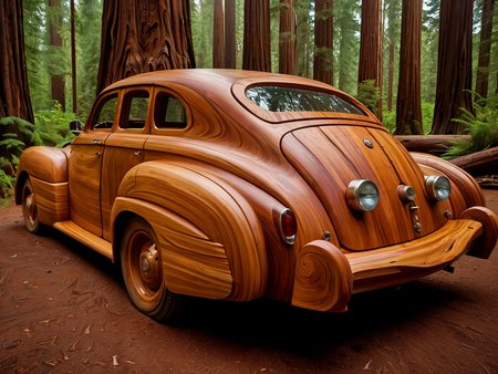 award winning photo, 

A car carved from the trunk of a Redwood tree, made from a Redwood tree, made entirely from a Redwood tree, accurate in every detail,