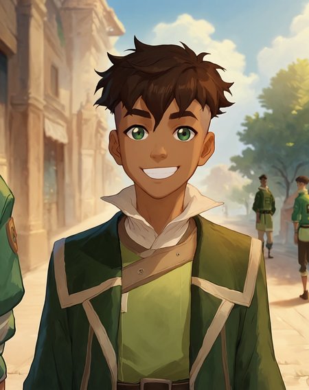 score_9,score_8_up,score_7_up,  <lora:Kai:0.8>, 1boy, Kai, brown hair, undercut, green eyes, dark skin, earth kingdom clothing, jacket, belt, smile, looking at viewer, outdoors, upper body, official art, official style,