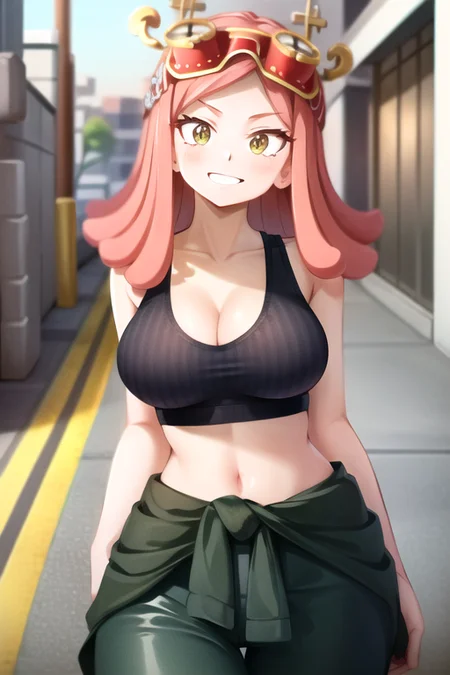 <lora:hatsume-08:1> hatsume mei(mha), 1girl solo,pink hair, goggles on head, pink hair, bangs,symbol-shaped pupils, yellow eyes, happy, looking at viewer, outdoors, sports bra,yoga pant,cityscape, depth of field, road, tokyo , street photography, upper body,