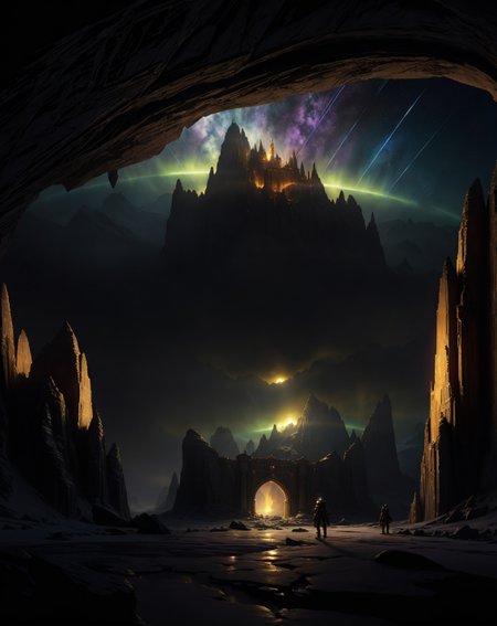 Albert Bierstadt: (luminous skies), (dramatic mountains), (hyperrealistic nature), (golden hour glow)Antarctic icebergs glowing with inner neon-blue fire under midnight sun,Kinetic punch warping armor plating during fortress gate breach,Night: Galactic core arching over airglow-tinged mesospheric ripples,
hyperrealistic surrealism,ultra-detailed,intricate textures,luminous colors,cinematic lighting,dramatic perspective,volumetric atmosphere,8k UHD,sharp focus, professional color grading, 
<lora:extremely_detailed:0.8> extremely detailed,
<lora:DetailMaximizer:0.7>,
<lora:offset_0.2:0.7>,
<lora:add-detail-xl:0.3>,
<lora:aidmaMJ6.1_v0.5_2:0.7> aidmamj6.1,
<lora:Consistency Corrector XL:0.3>, Retrofuturism painting art style, nostalgic composition, combines retro aesthetics with futuristic elements, Baroque art style, dynamic composition, dramatic lighting, rich colors, intricate details, professional-grade execution, captures the grandeur and theatricality of the Baroque period