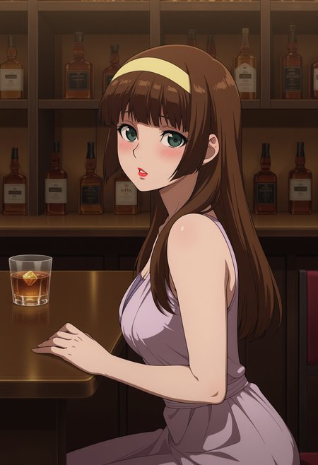 1girl,solo,mm,mature female,long hair,hairband,lipstick,brown hair,green eyes,bangs,anime coloring,
dress,bar \(place\), sitting,table,looking at viewer, blush,parted lips, from side, 
,masterpiece,best quality,amazing quality,<lora:Sayaka_Yumi-Mazinger_Z_Movie-Infinity:0.8>