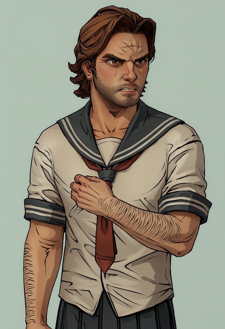 score_9, score_8_up, score_7_up, score_6_up, score_5_up, score_4_up, 1boy, <lora:BigbyWolf:0.85> solo, brown hair, facial hair, brown eyes, stubble, arm hair, standing, upper body, angry, seifuku, wearing sailor outfit, pleated skirt, blush,
(light blue background), simple background,