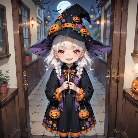 score_9, score_8_up, score_7_up, ((high_quality)), ((Super_Detailed)), source_anime, (((2girls))), standing next to each other, girla and girlb, (ultra HD quality details), anime, slightly chibi, BREAK,
girla, on the left, witch costume, witch hat, smug expression, 
BREAK,
girlb, on the right, vampire costume, fangs
BREAK,
holding up candy bags, looking at viewer, front view, (detailed image, high resolution, 5k resolution:1.0), trick or treat, veranda, at the door, at dusk, halloween aesthetics, evening, good hands, bhands, (closeup), view from above